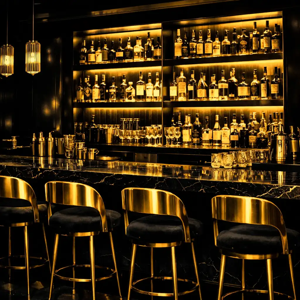 Stylish bar area with backlit shelves of bottles, gold bar stools, and marble counter