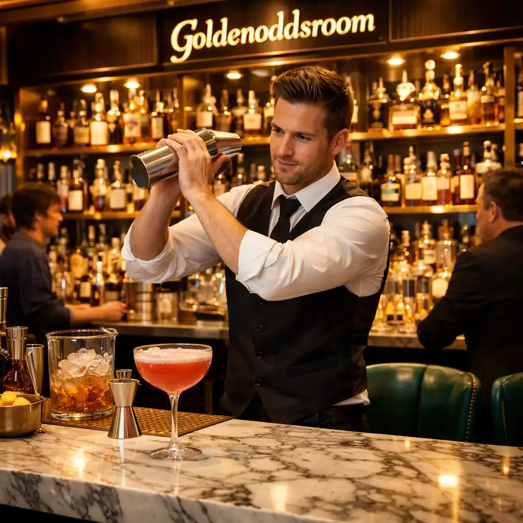 Craft cocktail on a marble bar counter with gold shaker and glasses