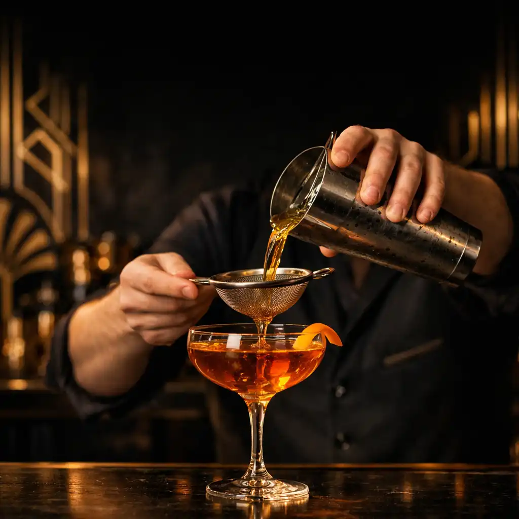 Bartender pouring a craft cocktail into a coupe glass