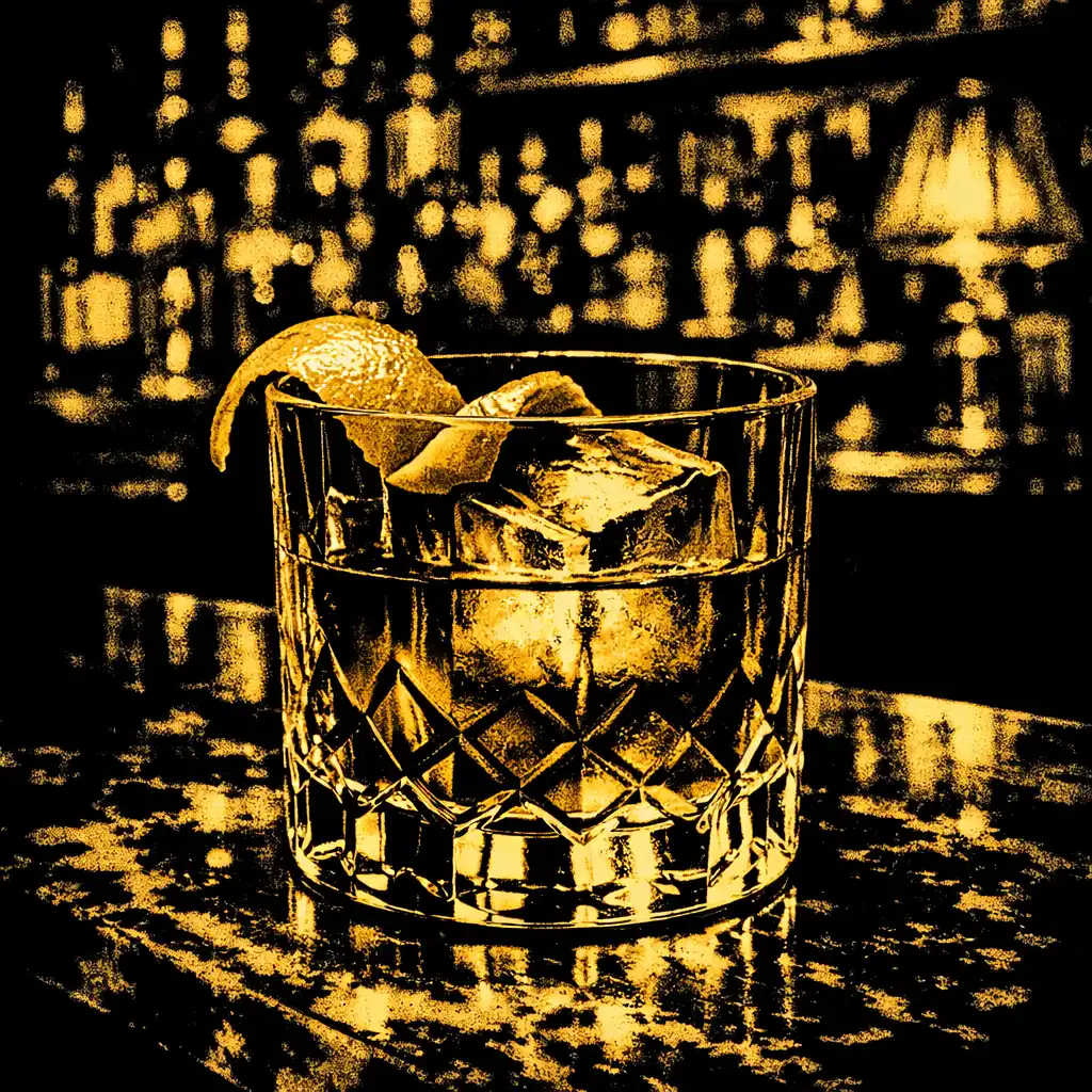 A craft cocktail in a crystal glass with a large ice cube and orange peel on a marble bar counter