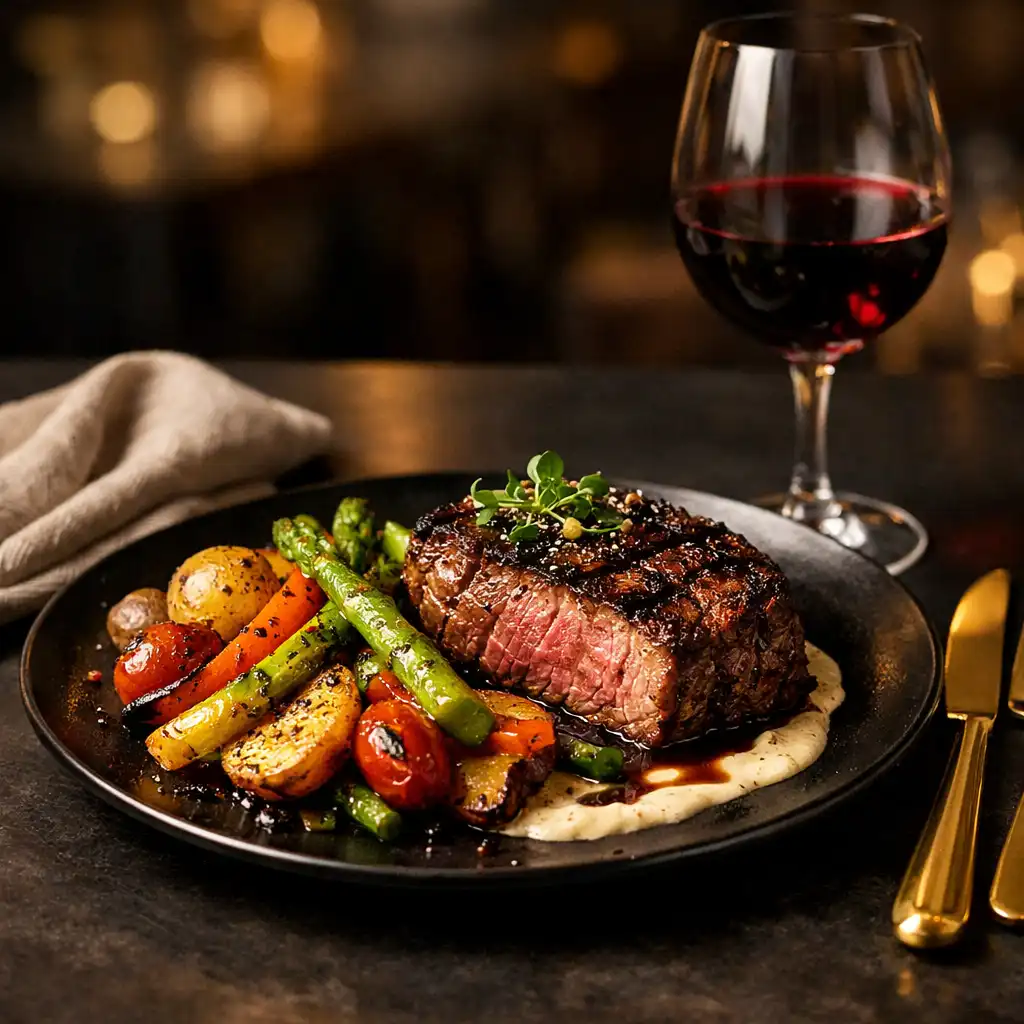Beautifully plated steak dish with roasted vegetables and a glass of red wine on a dark table