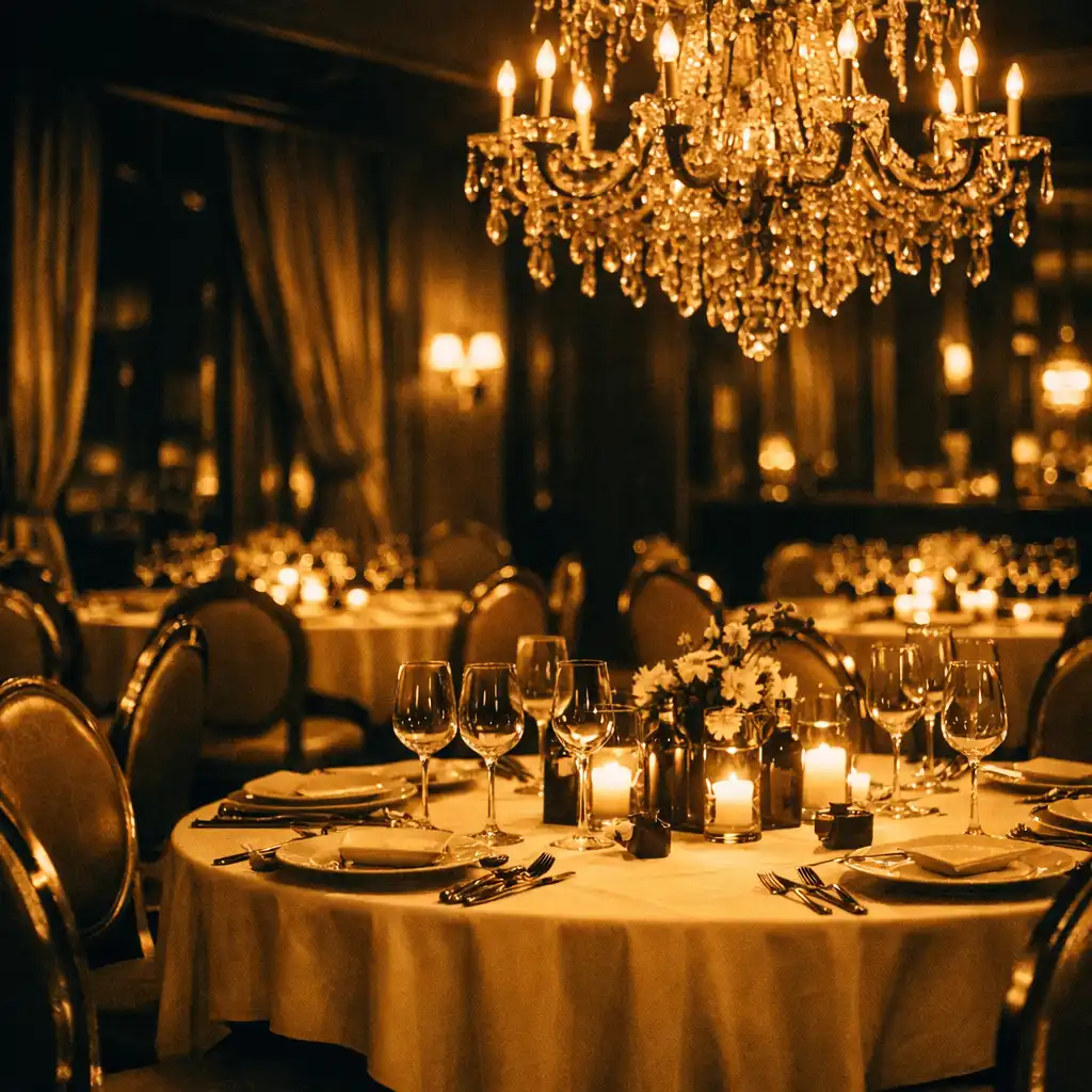 Elegant dining room with tables set for dinner, gold chairs, and a chandelier
