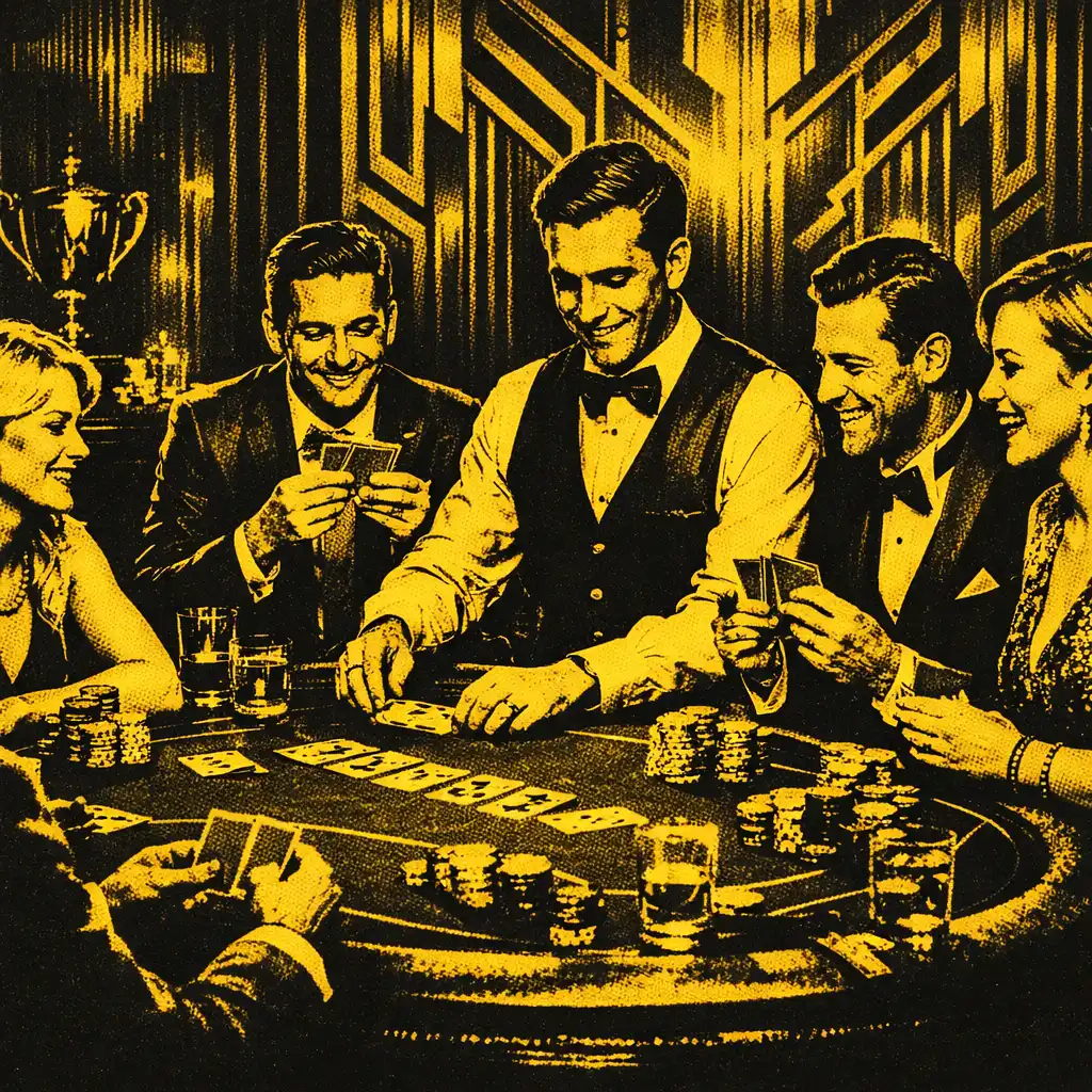 A group of elegantly dressed guests enjoying a poker tournament in a luxurious lounge with a trophy on a side table