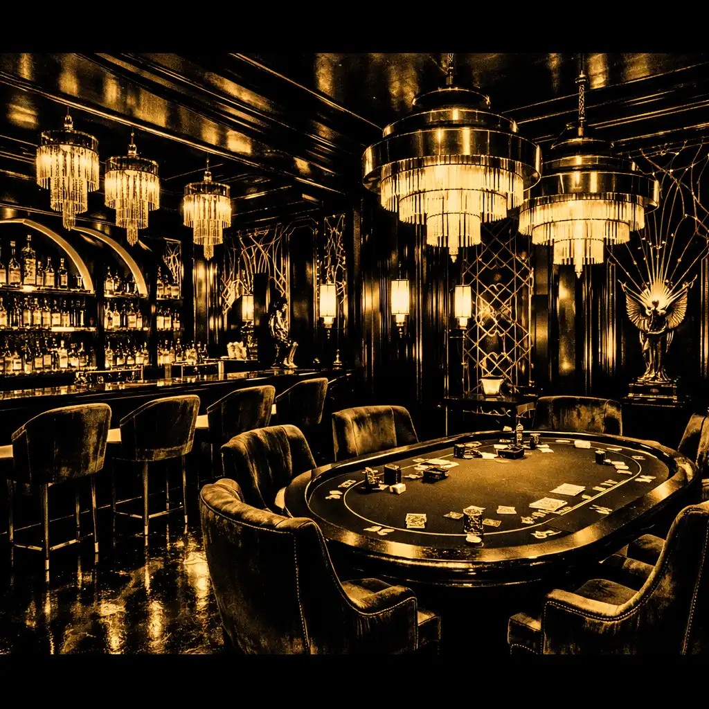 The interior of an Art Deco lounge with dark obsidian walls, gold lattice patterns, and emerald green velvet chairs
