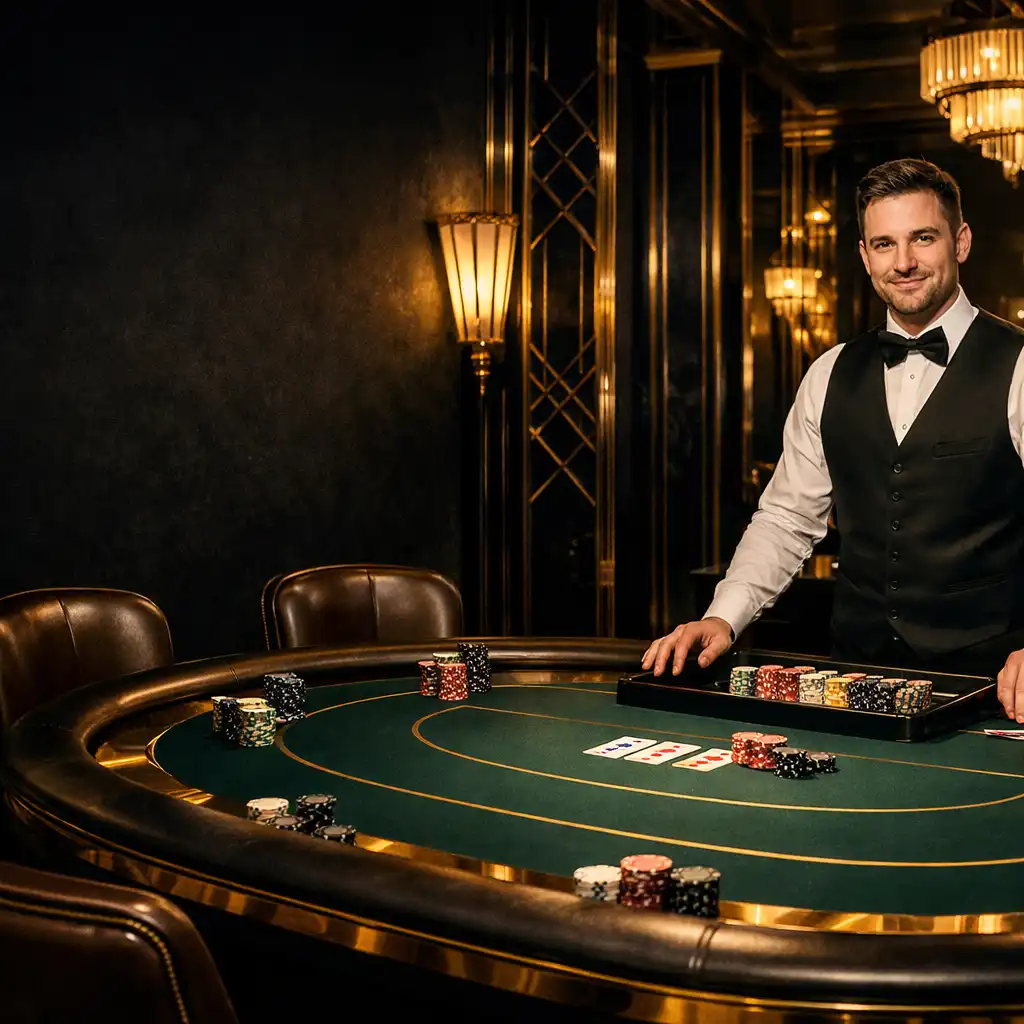 Luxurious offline poker room with a professional felt poker table, gold accents, and a live dealer in an Art Deco setting
