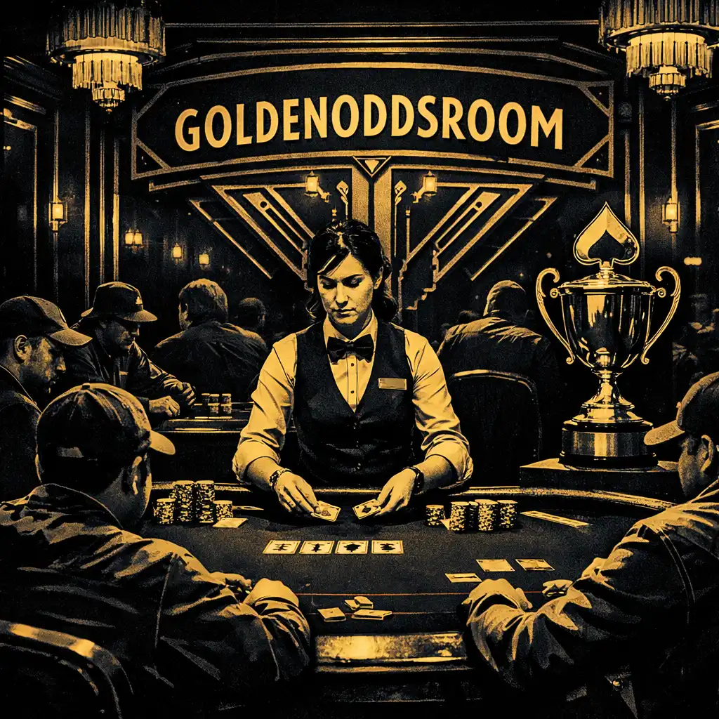 Players seated at felt poker tables during a past tournament with a trophy on display