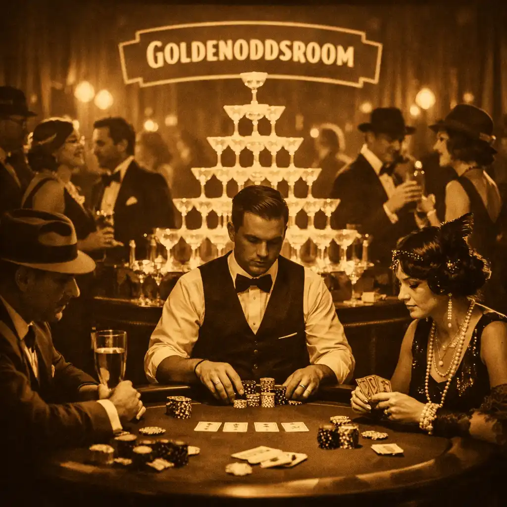 Guests in vintage attire at a themed event night with a champagne tower