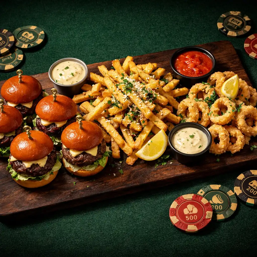 Shareable platter with mini wagyu sliders, truffle fries, and crispy calamari