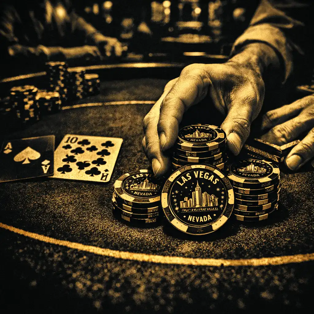 A close-up of hands placing poker chips on a felt poker table with cards and a dealer's hand visible