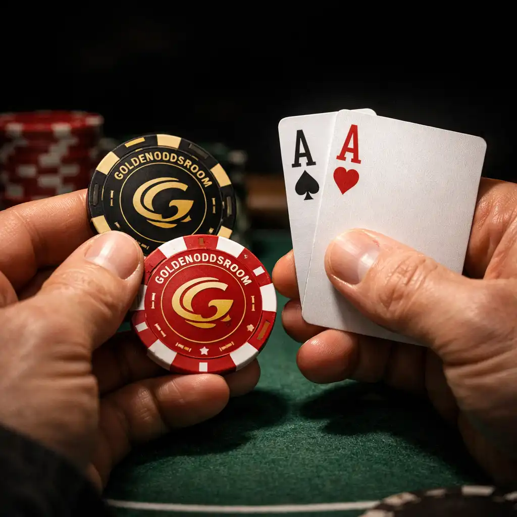 Close-up of a player's hands holding custom souvenir poker chips and cards at a felt poker table