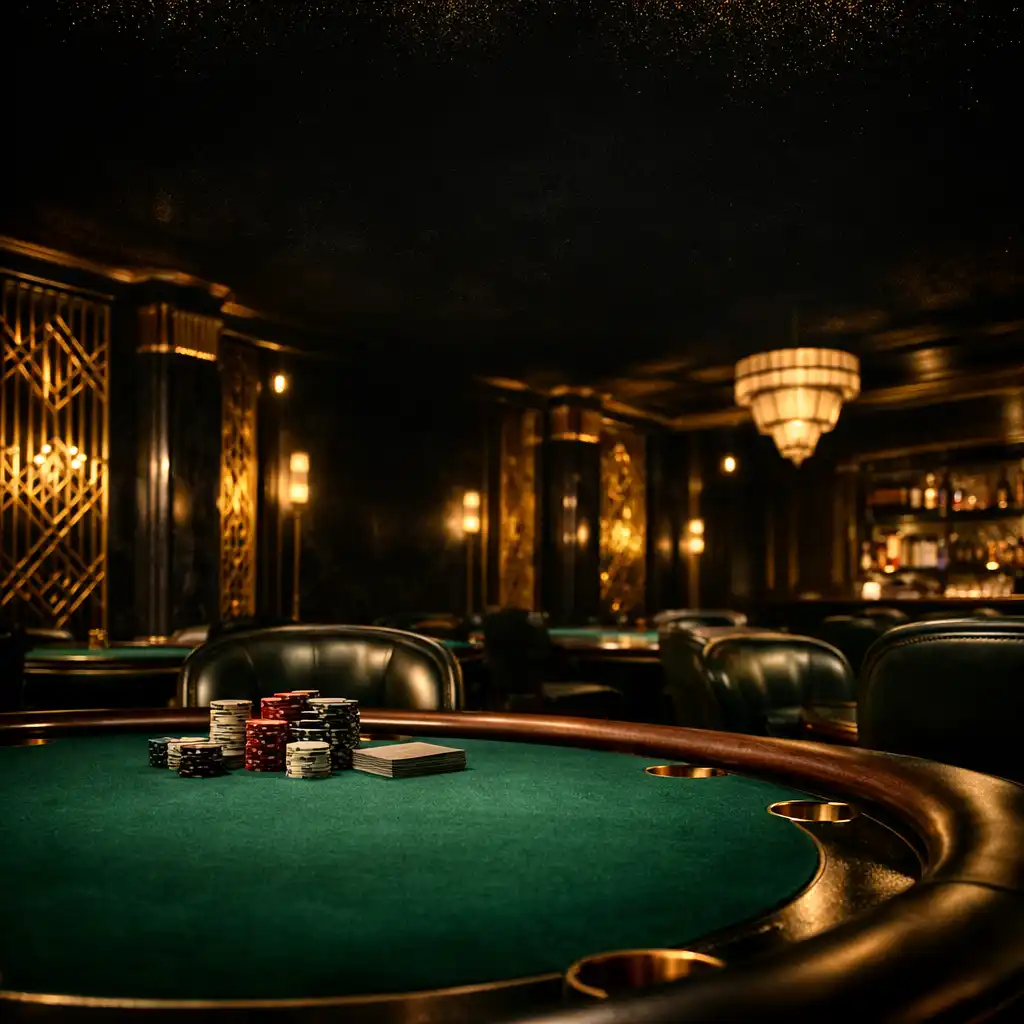 Elegant Art Deco poker lounge with emerald green felt tables and gold accents