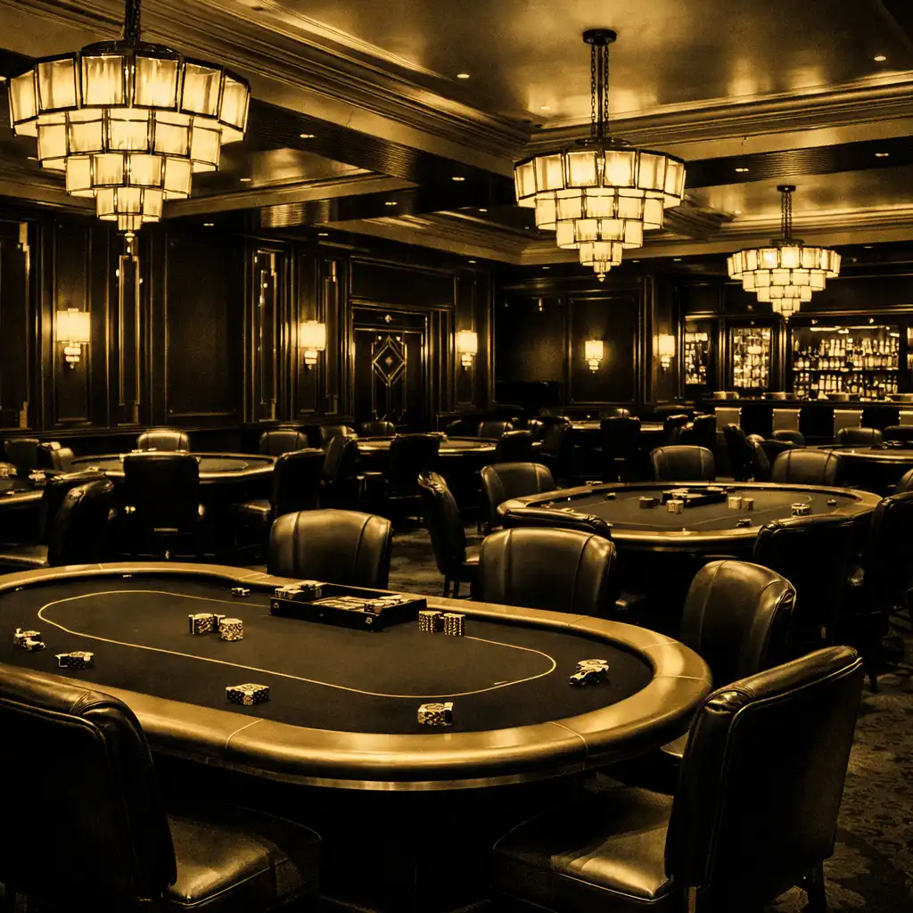 Wide shot of the poker lounge with multiple felt tables and leather chairs