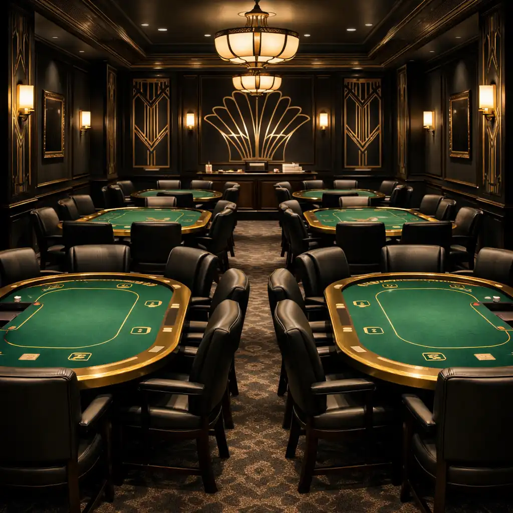 Interior view of the dedicated poker room with multiple felt poker tables, gold trim, and Art Deco geometric patterns