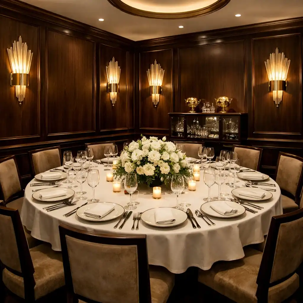 Private dining room with a round table set for ten guests, dark wood paneling, and gold Art Deco wall sconces