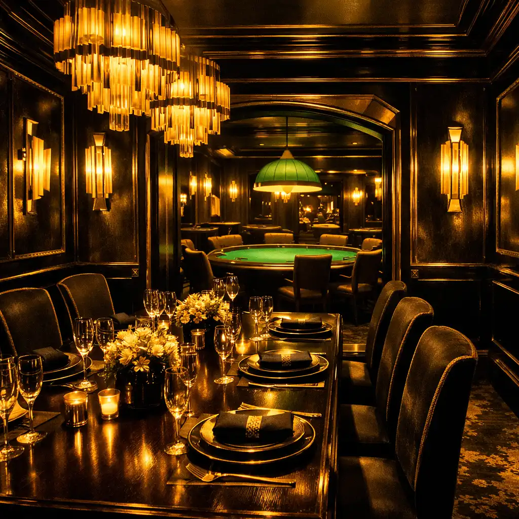 An elegant private dining room with a long table set for eight, featuring dark wood and gold accents