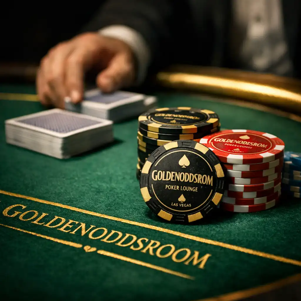 Close-up of a felt poker table with custom souvenir chips and a deck of cards