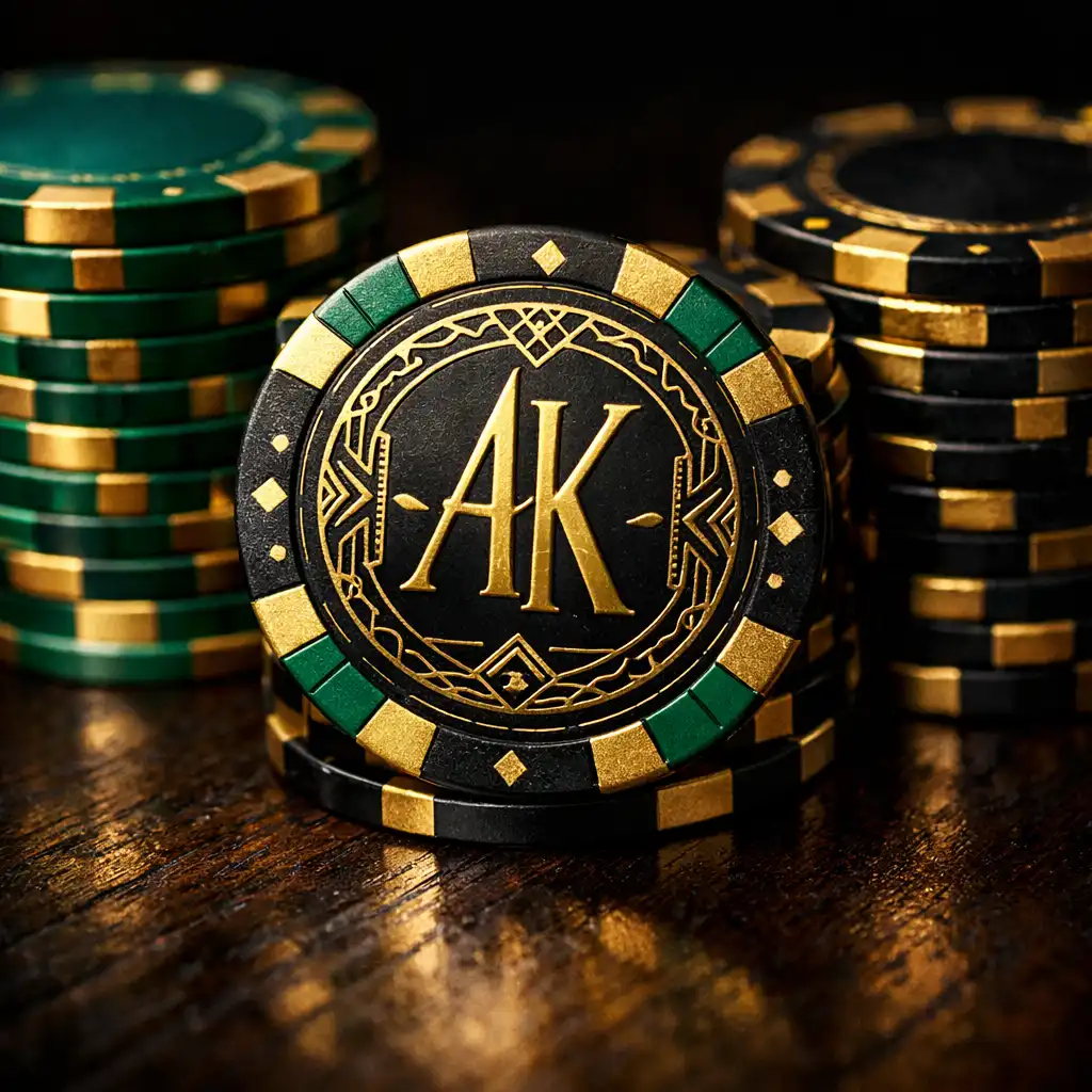 Close-up of custom souvenir poker chips with gold Art Deco logo and emerald green, gold, and black colors