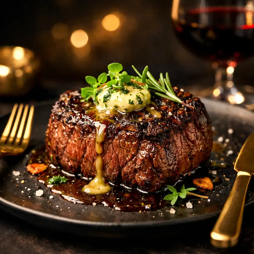 Gourmet steak dish with gold cutlery and a glass of red wine