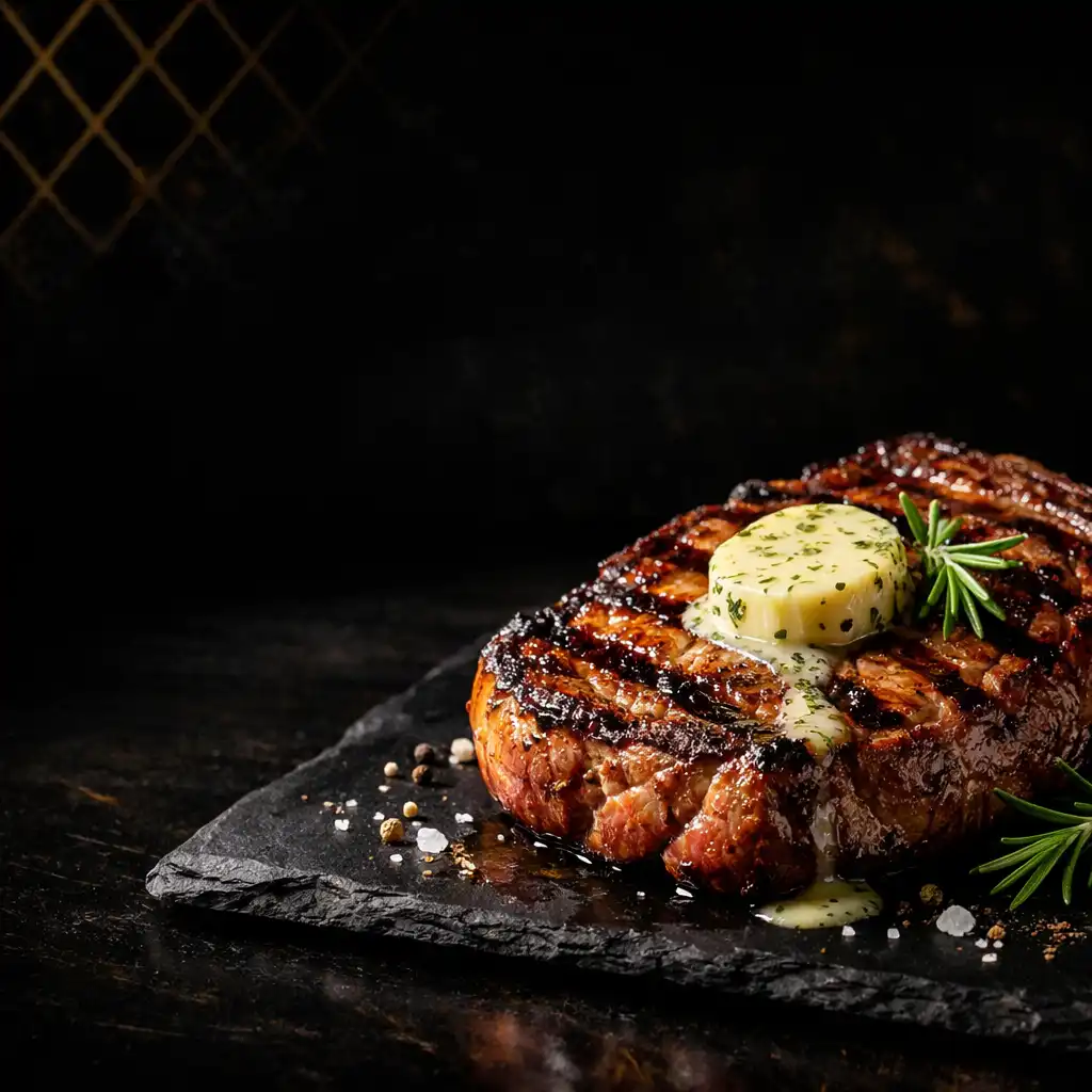 Grilled ribeye steak on a dark slate plate with rosemary and melting herb butter