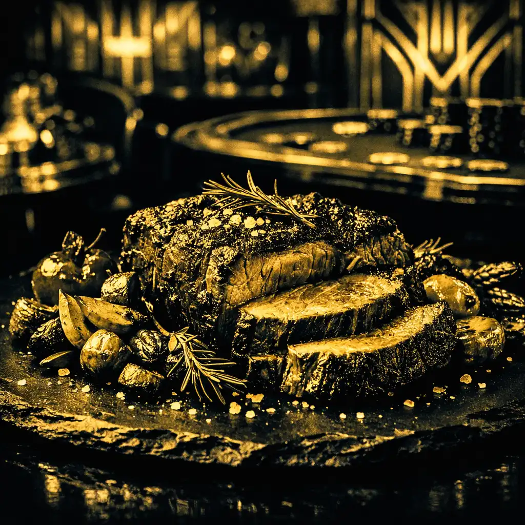A beautifully plated dry-aged steak with roasted vegetables on a dark slate plate in an upscale restaurant