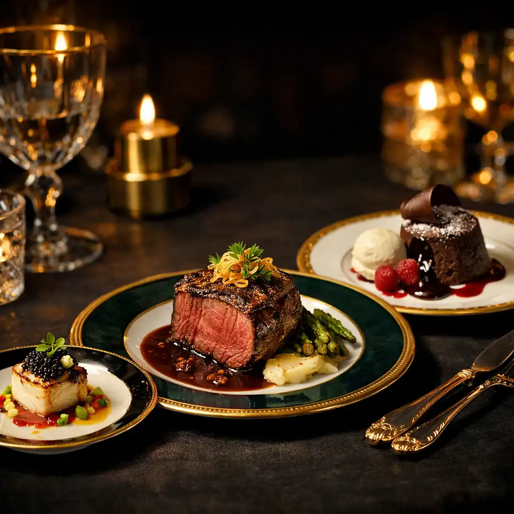Three-course tasting menu with appetizer, steak main, and dessert