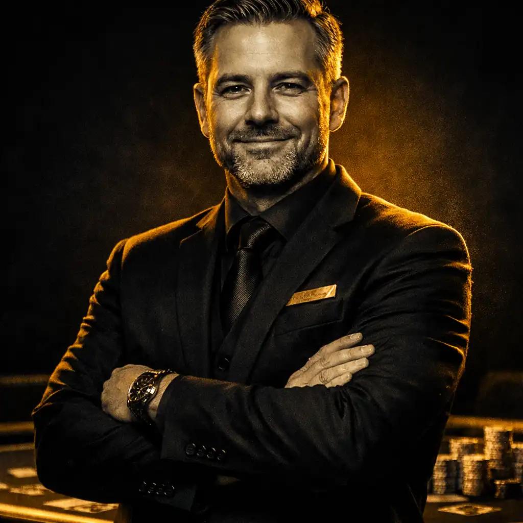 Portrait of the Goldenoddsroom poker room manager in a dark suit