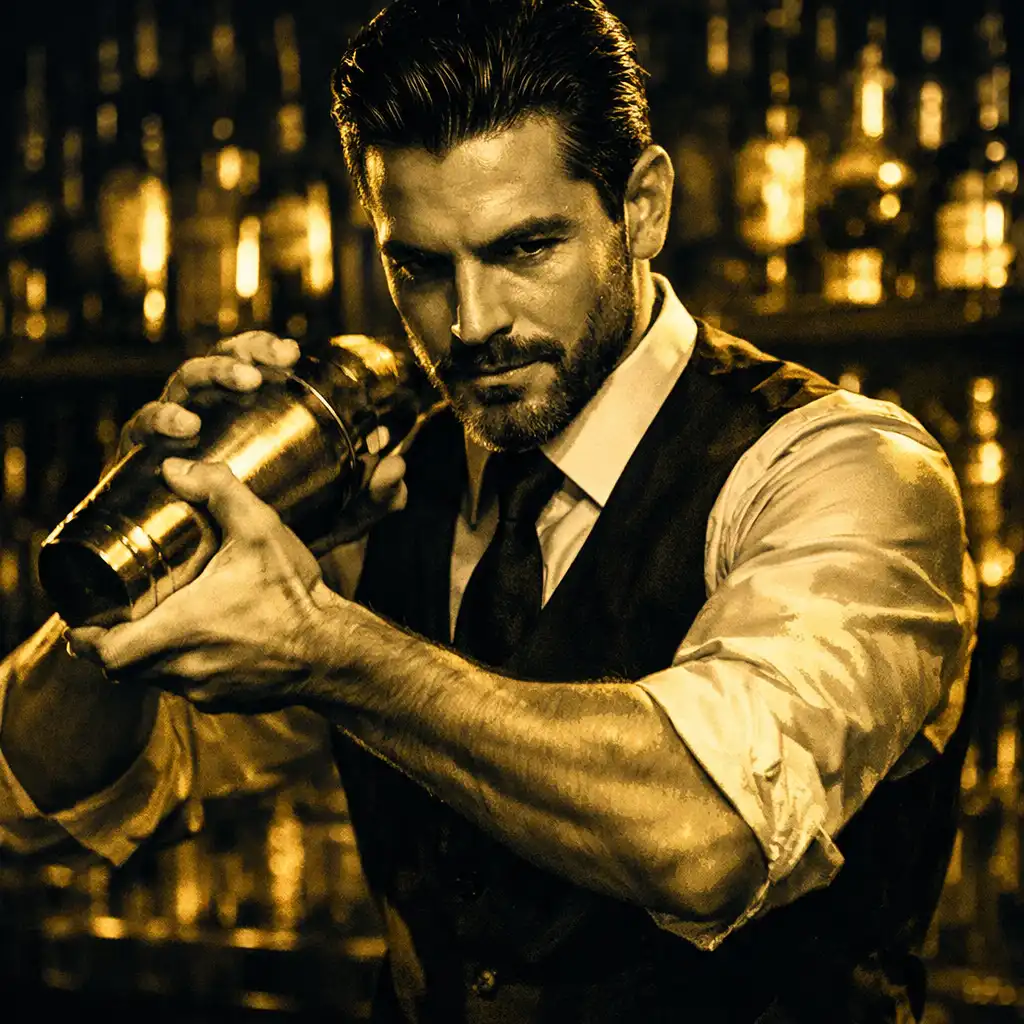 Portrait of the lead mixologist shaking a cocktail behind the bar