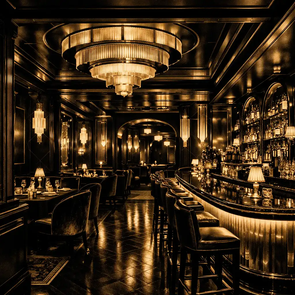 Interior of the Goldenoddsroom venue with dark wood, gold trim, and plush seating